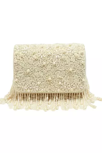 White suede pearl embroidered clutch