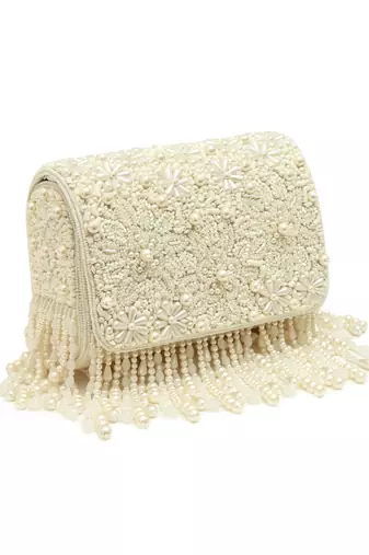 White suede pearl embroidered clutch