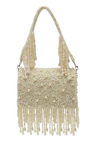 White suede pearl embroidered clutch
