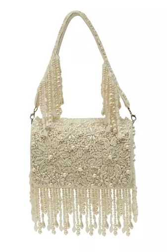 White suede pearl embroidered clutch