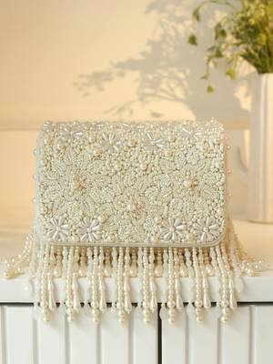 White suede pearl embroidered clutch 5