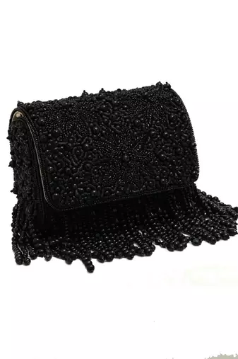 Black suede beads embroidered clutch