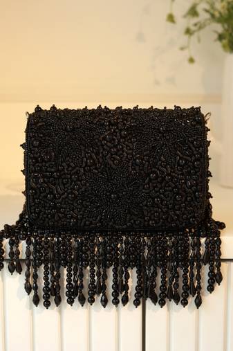 Black suede beads embroidered clutch