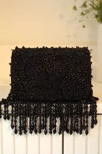 Black suede beads embroidered clutch