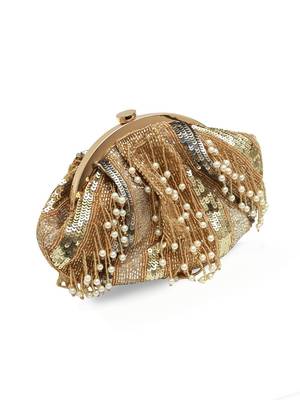 Gold suede pearl embroidered clutch 1