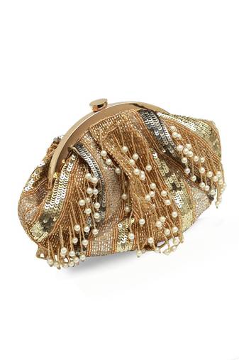 Gold suede pearl embroidered clutch