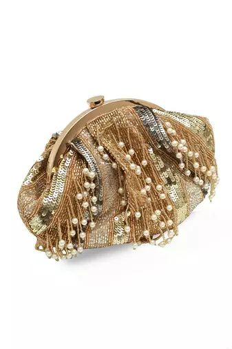Gold suede pearl embroidered clutch