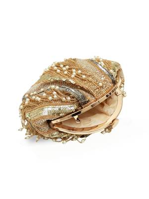 Gold suede pearl embroidered clutch 2
