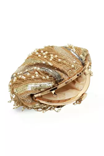 Gold suede pearl embroidered clutch