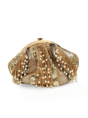 Gold suede pearl embroidered clutch 3