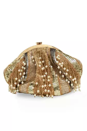 Gold suede pearl embroidered clutch