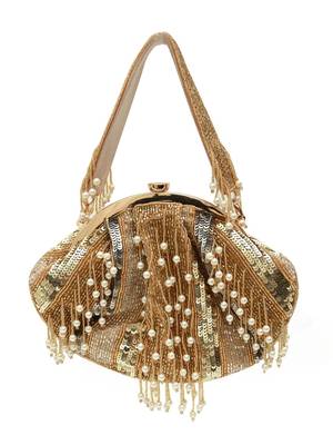 Gold suede pearl embroidered clutch 4