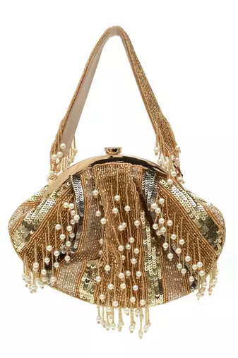 Gold suede pearl embroidered clutch