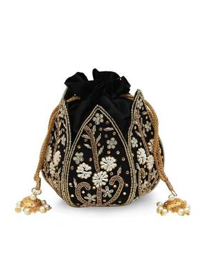 Black silk floral embroidered potli bag 2