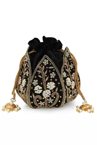 Black silk floral embroidered potli bag