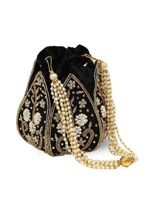 Black silk floral embroidered potli bag 3