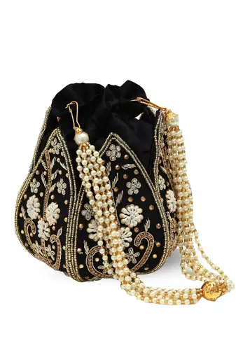 Black silk floral embroidered potli bag