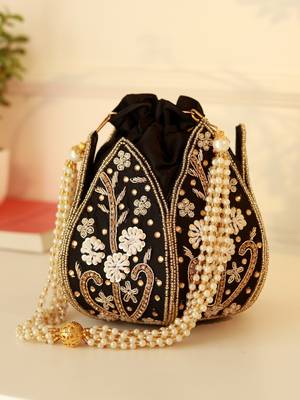 Black silk floral embroidered potli bag 4