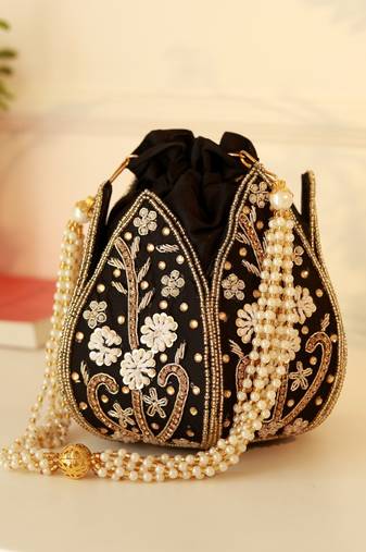 Black silk floral embroidered potli bag