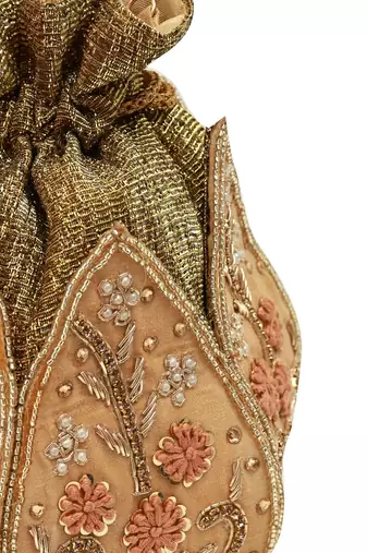 Gold silk floral embroidered potli bag