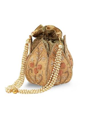 Gold silk floral embroidered potli bag 2