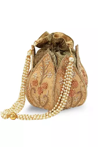Gold silk floral embroidered potli bag