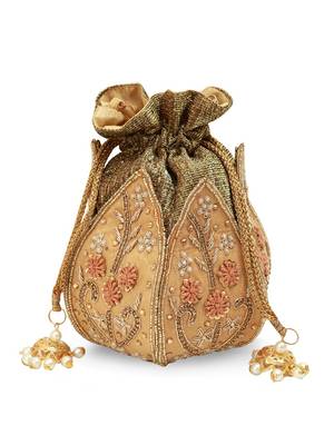Gold silk floral embroidered potli bag 3