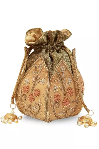 Gold silk floral embroidered potli bag