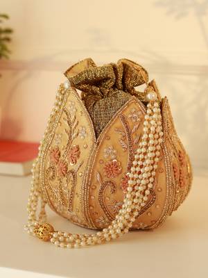 Gold silk floral embroidered potli bag 4