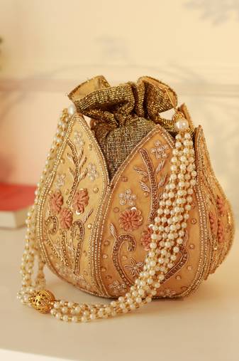 Gold silk floral embroidered potli bag