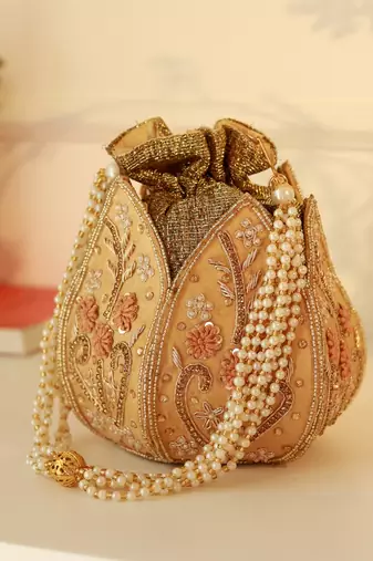 Gold silk floral embroidered potli bag