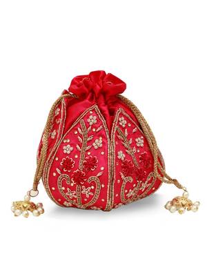 Pink silk floral embroidered potli bag 1