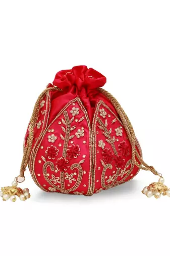 Pink silk floral embroidered potli bag