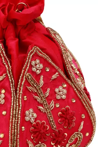 Pink silk floral embroidered potli bag