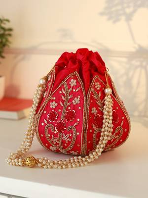 Pink silk floral embroidered potli bag 3