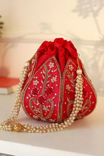 Pink silk floral embroidered potli bag