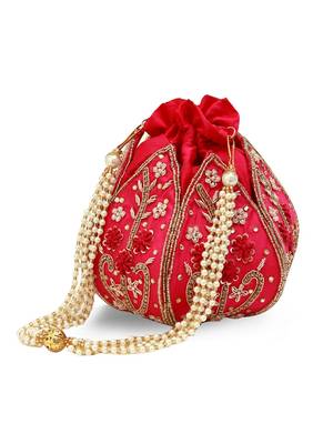 Pink silk floral embroidered potli bag 4