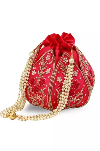 Pink silk floral embroidered potli bag