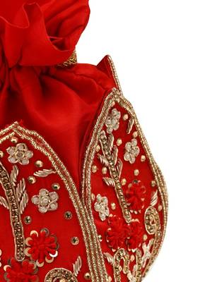 Red silk floral embroidered potli bag 1