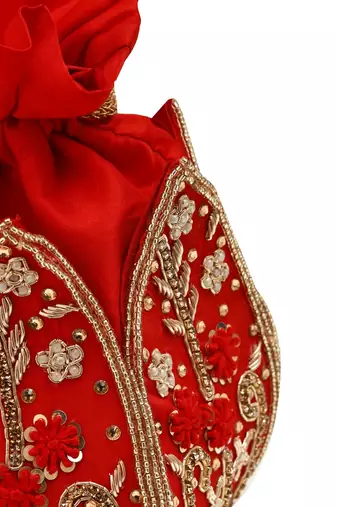 Red silk floral embroidered potli bag