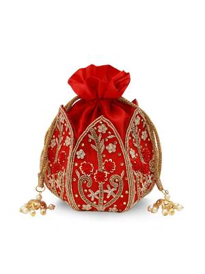 Red silk floral embroidered potli bag 2