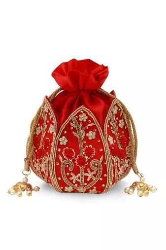 Red silk floral embroidered potli bag