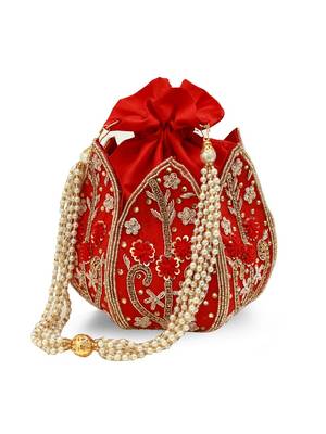 Red silk floral embroidered potli bag 3