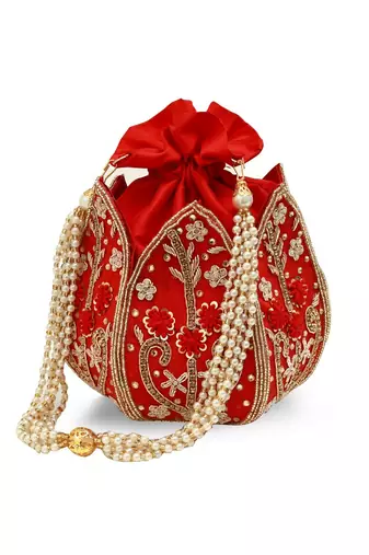 Red silk floral embroidered potli bag