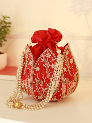 Red silk floral embroidered potli bag 4