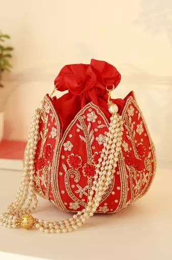 Red silk floral embroidered potli bag