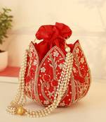 Red silk floral embroidered potli bag