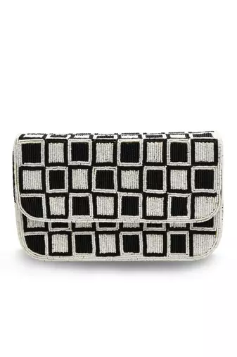 Black suede embroidered clutch