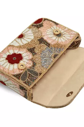 Red suede floral embroidered clutch