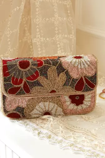 Red suede floral embroidered clutch